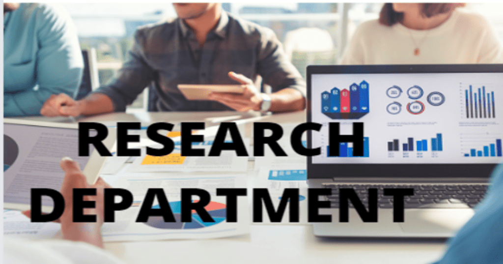 "Reaserch Department" text infront of team meeting.