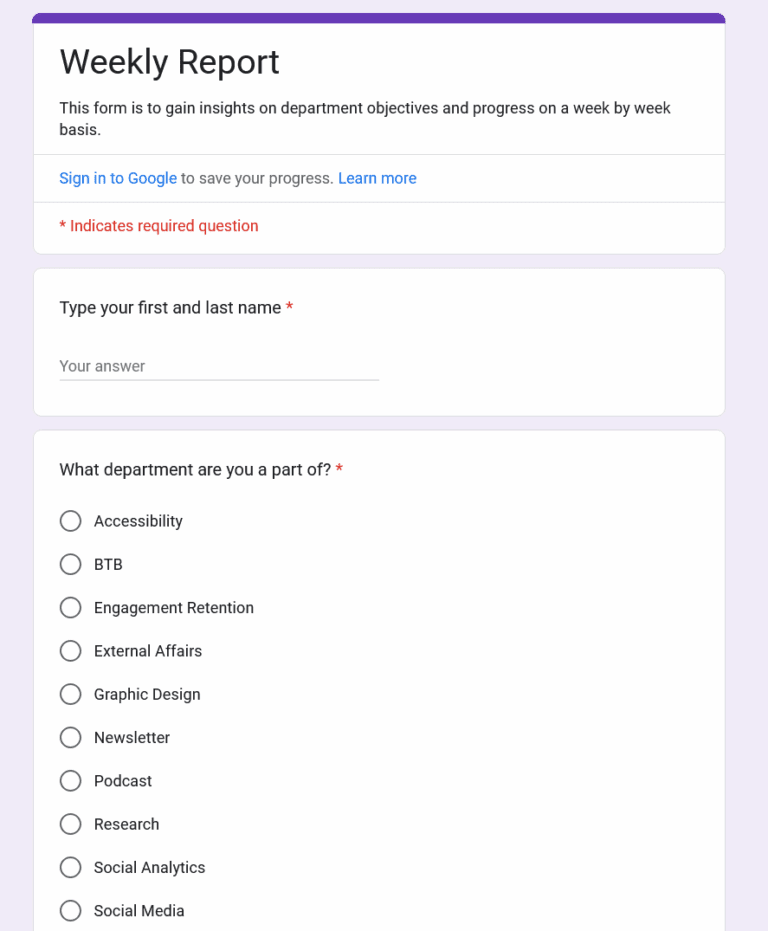 Screenshot of the Weekly Report Google Form
